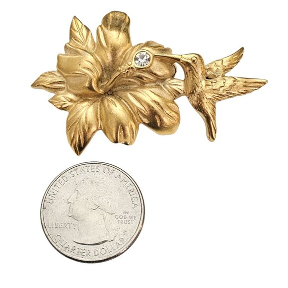 Monet Matte Gold Tone Hummingbird Flower Brooch Rhinestone Vintage Pin Signed,J1 - Picture 9 of 10
